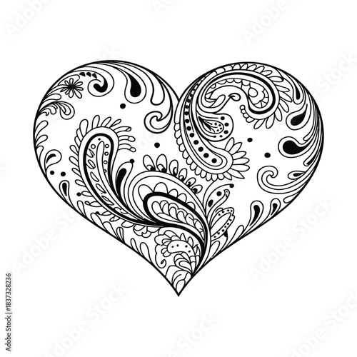 Black and white ornate paisley heart design, coloring page style, 110 chars max