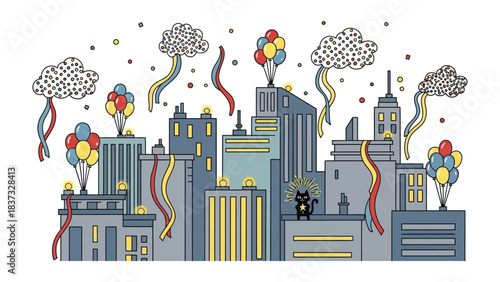 Cityscape Celebration: Whimsical urban scene, illustrated with a festive atmosphere, capturing an lively festival, filled with balloons, ribbons, and a playful black cat atop a building.
