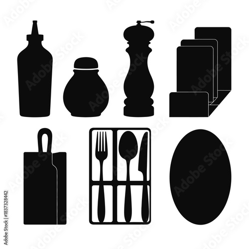 Kitchen utensils and condiment shakers set silhouette