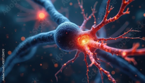 Microscopic view of inflamed nerve cell, dendrites. Glowing red sparks indicate nerve impulses pain signals traveling along neuron pathway. Abstract medical concept of nervous system function, health.