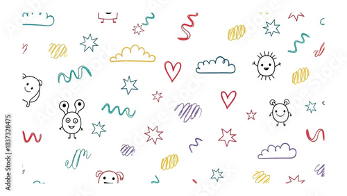 Playful Doodle Pattern: A vibrant and whimsical doodle pattern with a collection of charming cartoon characters and abstract shapes, conveying creativity and lightheartedness.