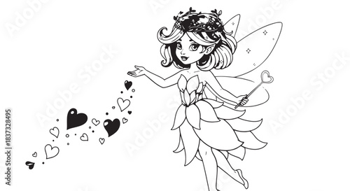 Whimsical fairy character with wings and hearts in a playful illustration.