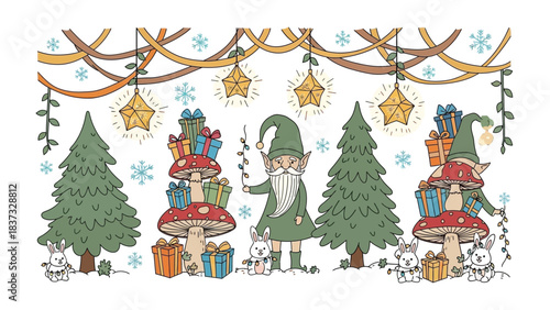 Enchanted Holiday Scene: A whimsical illustration depicts a festive scene, complete with decorative stars, cute mushrooms, adorable bunny rabbits, and an enigmatic little elf.