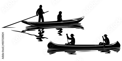 Silhouettes of People Rowing a Gondola and Canoe. Vector clipart isolated on white.