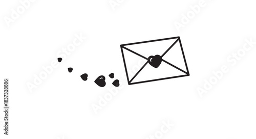 Minimal monochrome envelope illustration depicting a letter being sent with trailing hearts.
