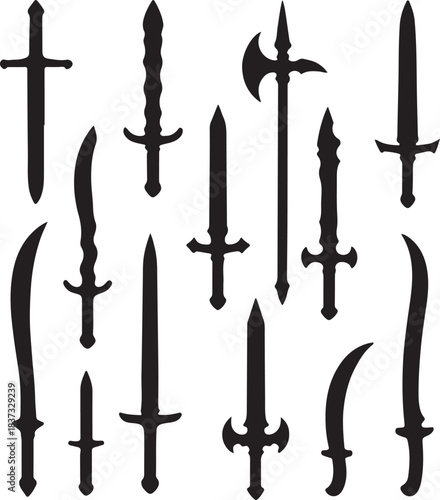 Collection of silhouetted ancient and fantasy weapons sword