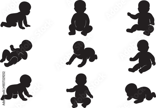 Baby silhouette vector pack, crawling sitting lying poses, infant development illustration, toddler growth clip art, newborn movement outline, child black graphic design
