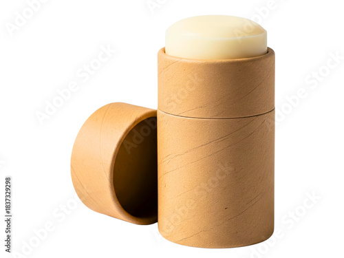Eco-friendly cardboard deodorant stick tube with open cap on a transparent background
