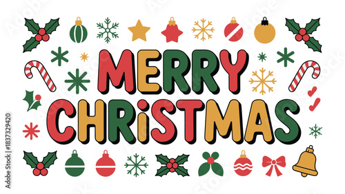 Festive Christmas cheer: A colorful display of Christmas ornaments and words, perfectly capturing the joy and excitement of the holiday season.