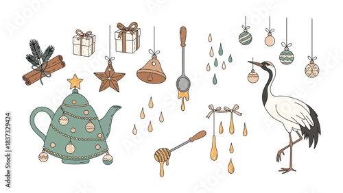 Festive Decorative Elements: A charming composition of holiday ornaments, including gift boxes, Christmas tree, bell, honey dipper, rain drop, a crane with an ornament.