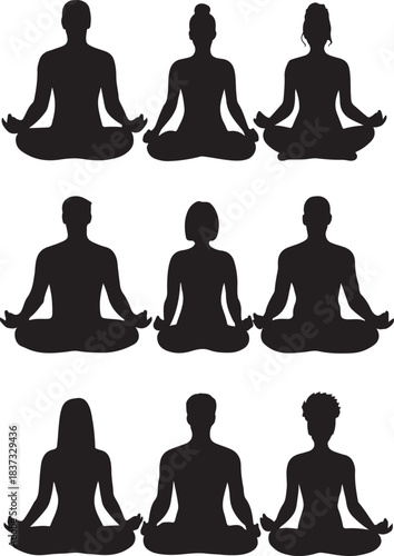Silhouette collection of people in various yoga positions meditating in lotus pose on a white background