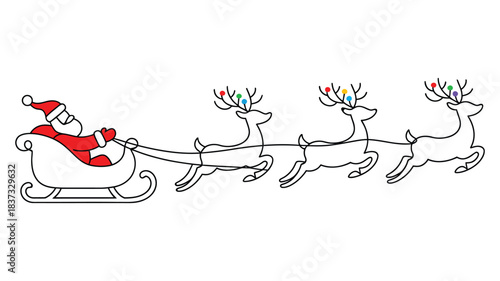 minimalist continuous line art of santa claus riding sleigh with reindeer, festive christmas holiday illustration for cards, posters, prints, and decorations