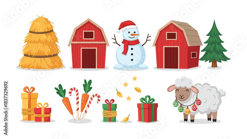 Festive Farmyard Illustration: A whimsical illustration of a charming farmyard scene adorned with seasonal elements, including a snowman, festive presents, and a cheerful sheep. 