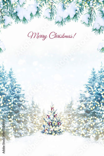 New Year's card. Merry Christmas. Winter forest. tree is decorated with balls and bows. Snowy landscape. Vertical.