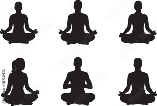 Silhouette of 6 people in different various yoga positions meditating in lotus pose on a white background