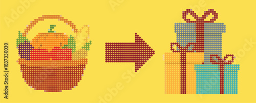 Halftone Dotted Harvest Basket To Christmas Gifts Transition Vector, Thanksgiving Pumpkin Fruit Basket Evolving Into Holiday Present Stack, Seasonal Shopping Mosaic Design