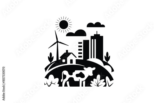 Black Silhouette Icon of Cow Wind Turbine House and City on White Background Keywords: cow, cattle, farm, resilient architecture silhouette