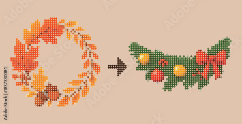 Rhinestone Halftone Fall Wreath Transforming to Christmas Garland Mosaic, Autumn Maple Leaves to Winter Pine Swag Transition, Thanksgiving to Xmas Holiday Pixel Dot Art