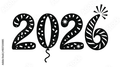 New Year's Eve 2026: A Festive Celebration: The number 2026 is depicted in a joyful style, with balloon elements for 0 and fireworks for 6 creating a perfect celebration of New Year's Eve.