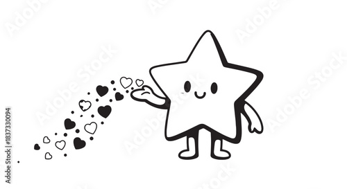 Friendly cartoon star character waving with a dotted trail of pawprints.