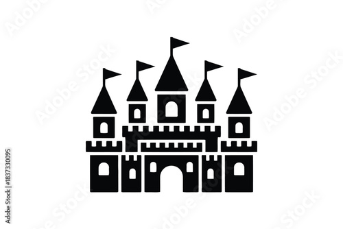 Black silhouette of a fairytale castle with flags and towers Keywords: castle, fairytale, silhouette, black, resilient architecture silhouette