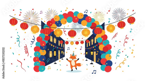 Festive Celebration: A vibrant scene unfolds, balloons and lanterns create a joyful ambiance. fireworks and confetti add to the excitement