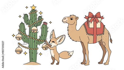 Desert Holiday Scene: Festive illustration showcases a quirky Christmas celebration with a cactus tree adorned with ornaments, a cute fennec fox, and a camel bearing gifts.