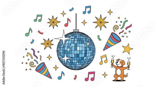 Dancing the Night Away: An upbeat illustration that captures the essence of celebration, featuring a dazzling disco ball, musical notes, confetti, and party crackers.