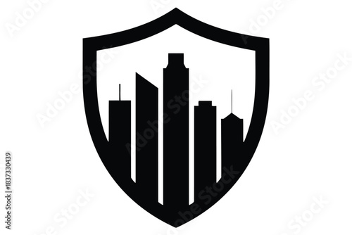 Black Silhouette of City Buildings within a Shield Shape on White Background Keywords: city, buildings, resilient architecture silhouette