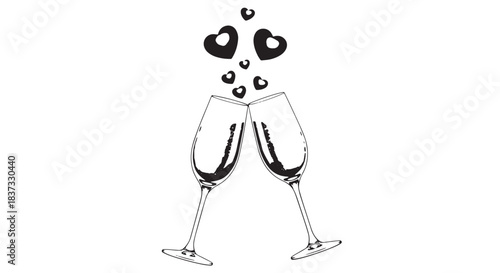 Two champagne glasses clinking together in a celebratory toast with hearts above.