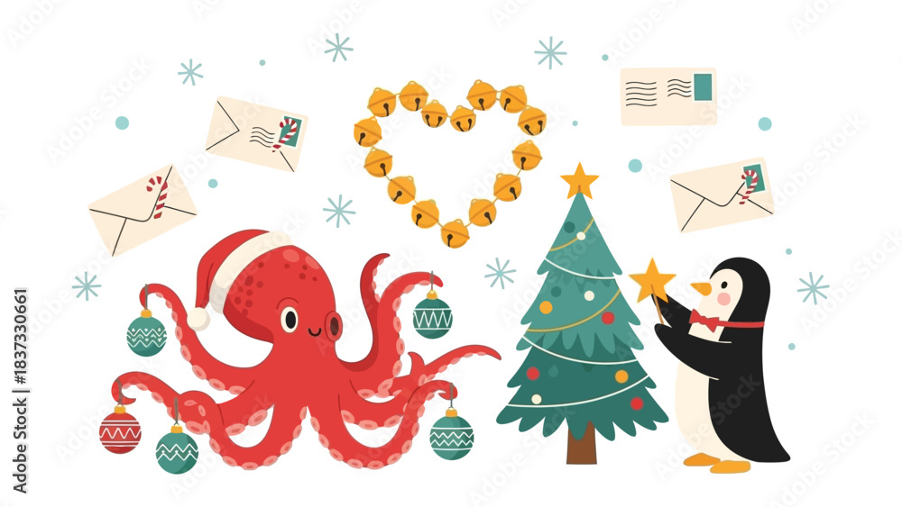 Naklejka premium Festive Undersea Christmas: A charming cartoon depiction features a jolly octopus adorned with a Santa hat, along with a penguin decorating a Christmas tree with a star.