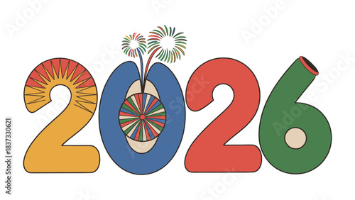 New Year 2026 Celebration: A vibrant and colorful display of fireworks and festive typography celebrates the arrival of the year 2026. This illustration conveys the spirit of celebration, hope.