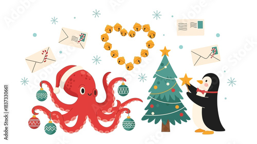 Festive Undersea Christmas: A charming cartoon depiction features a jolly octopus adorned with a Santa hat, along with a penguin decorating a Christmas tree with a star.