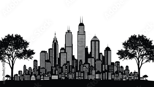 Detailed resilient architecture silhouette black silhouette of a city skyline with trees on a white background urban architecture