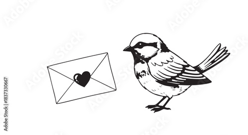 Illustration of a small bird near a letter with a heart seal in a simple lineart style.