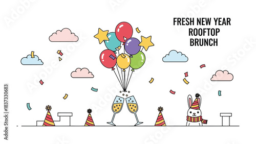 Festive Rooftop Brunch: Colorful balloons and champagne glasses adorn a rooftop, celebrating the dawn of a fresh new year in a joyful brunch scene.