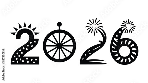 New Year 2026 Celebration: A stylized design depicting the year 2026, infused with festive elements that evoke a sense of anticipation, new beginnings, and joy.