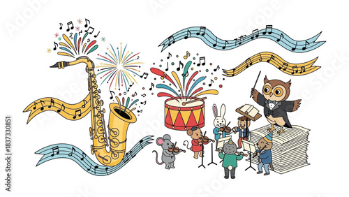 Musical Animals Performance: A whimsical illustration of a charming animal orchestra, where an owl conducts, a saxophone sings, and a bunny plays violin, all united in a symphony of sound. 