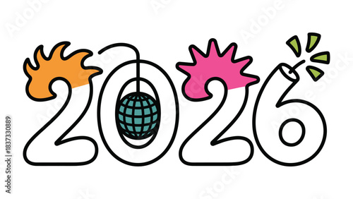 New Year Party Illustration: Creative illustration featuring the year 2026, decorated with celebratory elements, perfect for New Year events and parties.