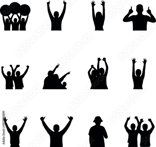 Crowd silhouette vector illustration cheering fans  with hands up