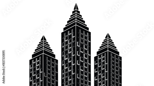 Resilient architecture silhouette Black and White Art Deco Skyscraper Trio with Sharp Peaks and Geometric Facades architecture city