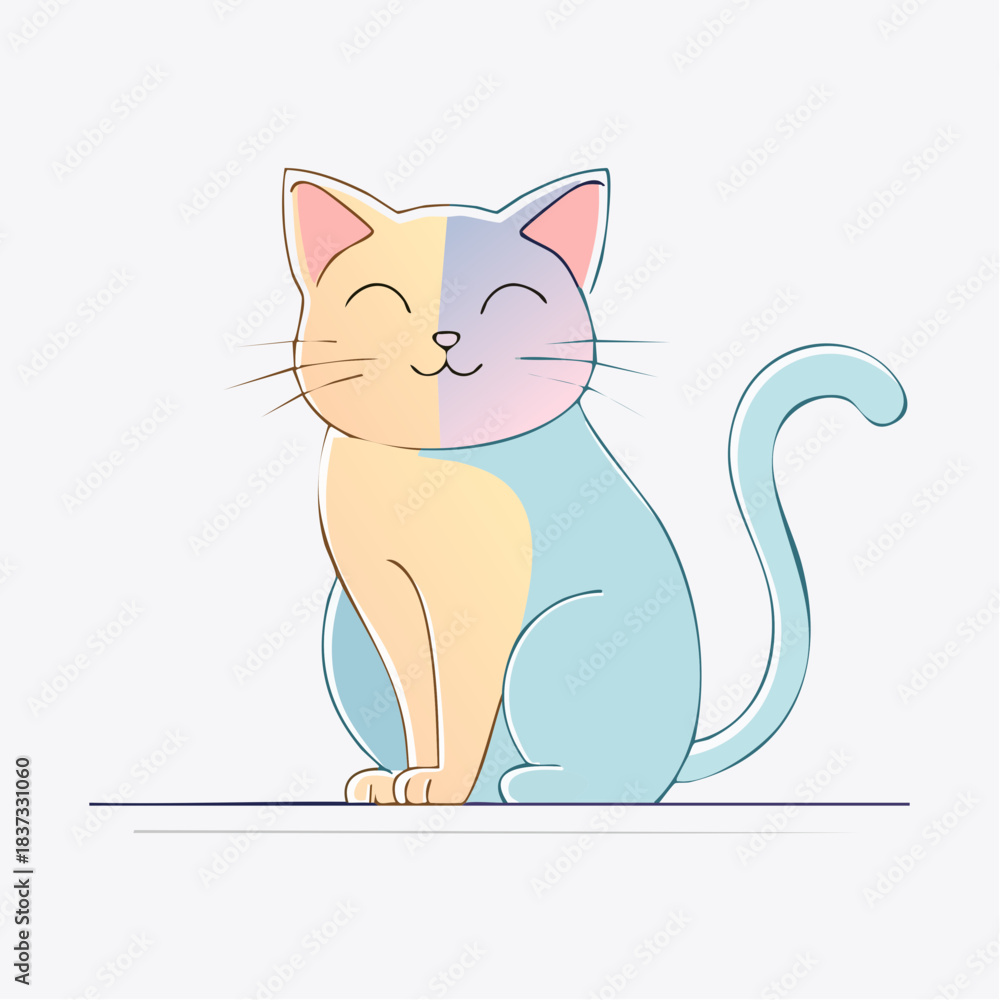 Obraz premium Playful Pastel Cat: A charming cartoon cat, bathed in a soft pastel palette, sits contentedly, exuding joy and simplicity. This illustration captures the innocence and gentleness of a feline friend.