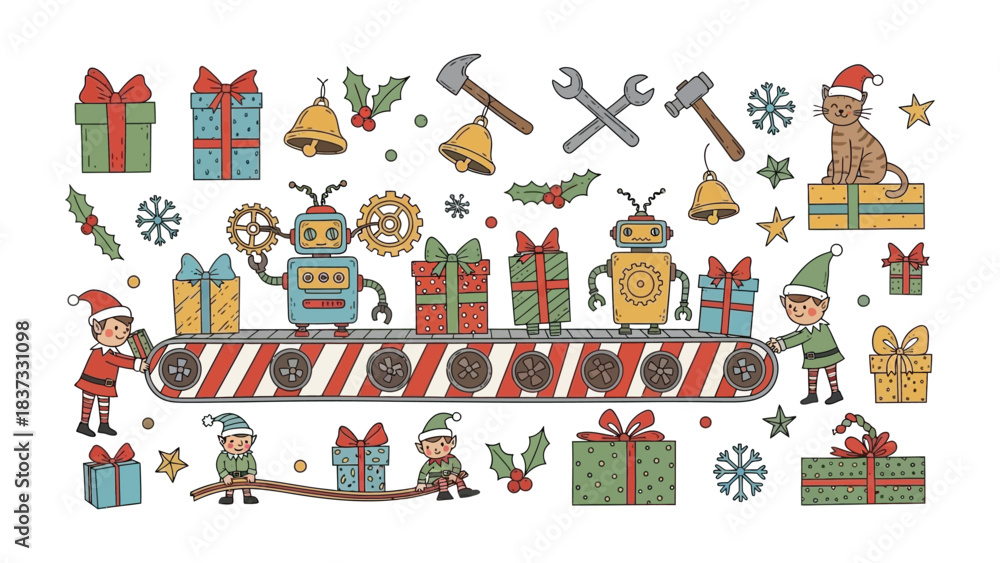 Naklejka premium Christmas Gift Factory: A festive scene where cheerful elves and robots collaborate to prepare and package gifts, creating a magical atmosphere filled with joy and excitement.