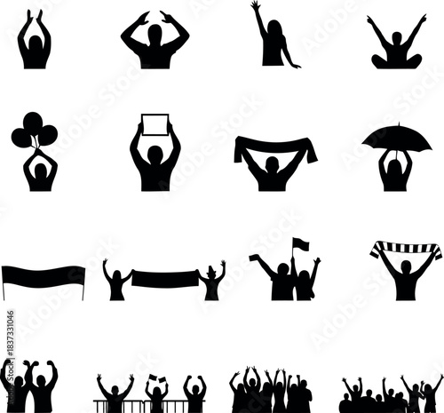 Crowd silhouettes cheering fans protestors celebration with hands up flags and banners