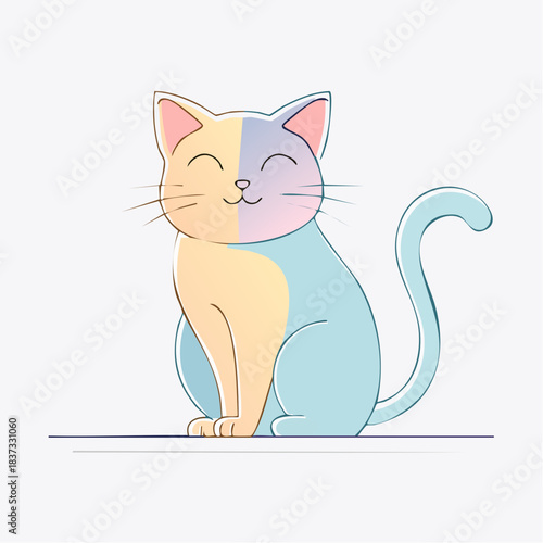 Playful Pastel Cat: A charming cartoon cat, bathed in a soft pastel palette, sits contentedly, exuding joy and simplicity. This illustration captures the innocence and gentleness of a feline friend.
