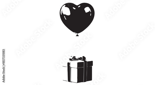 Black heart shaped balloon floating above a wrapped gift box with ribbon on a white backdrop, festive and romantic scene.