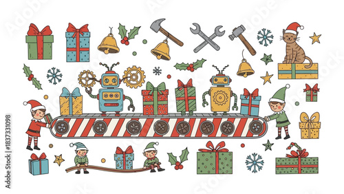 Christmas Gift Factory: A festive scene where cheerful elves and robots collaborate to prepare and package gifts, creating a magical atmosphere filled with joy and excitement.