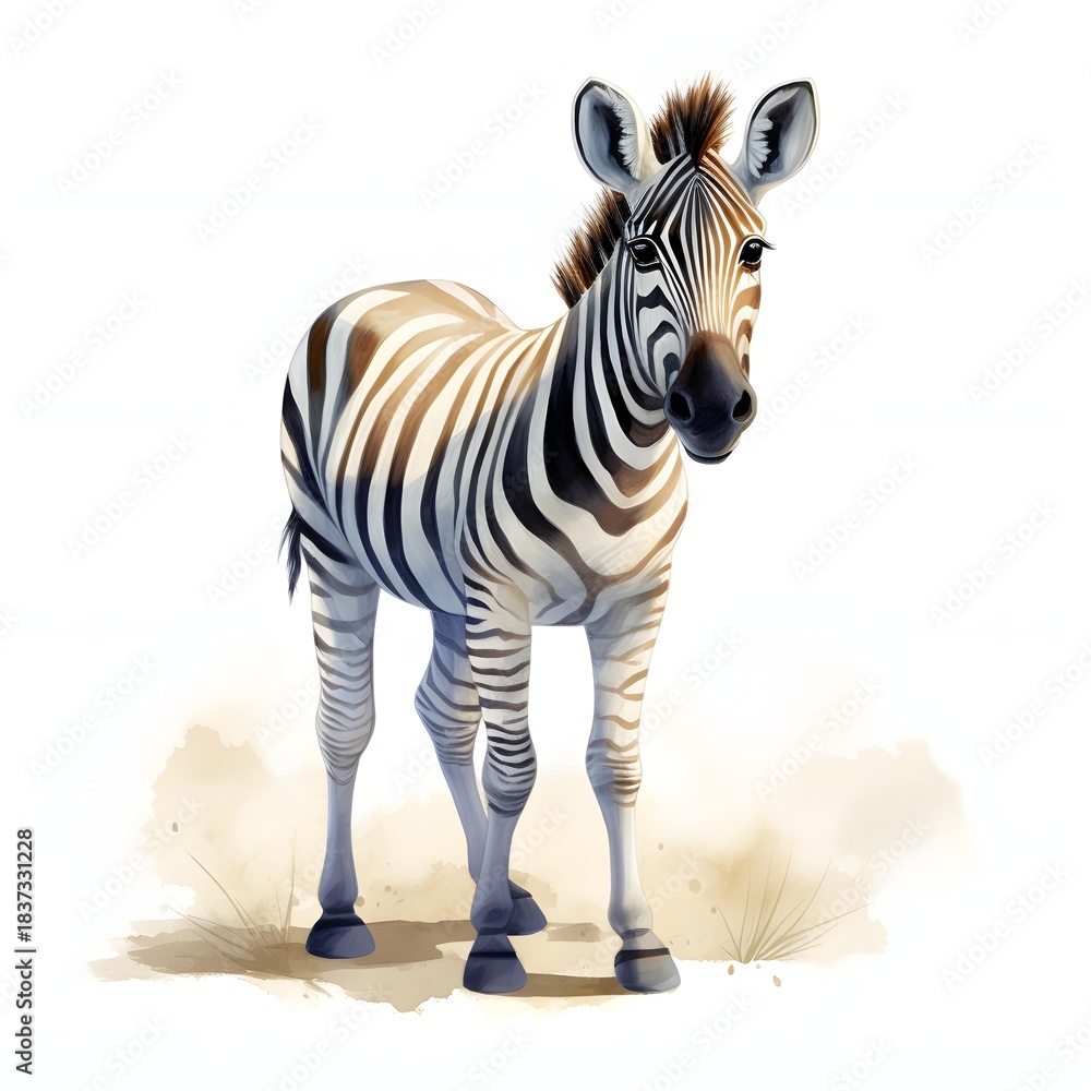 Naklejka premium Adorable zebra foal standing in a field of soft light and gentle shadows