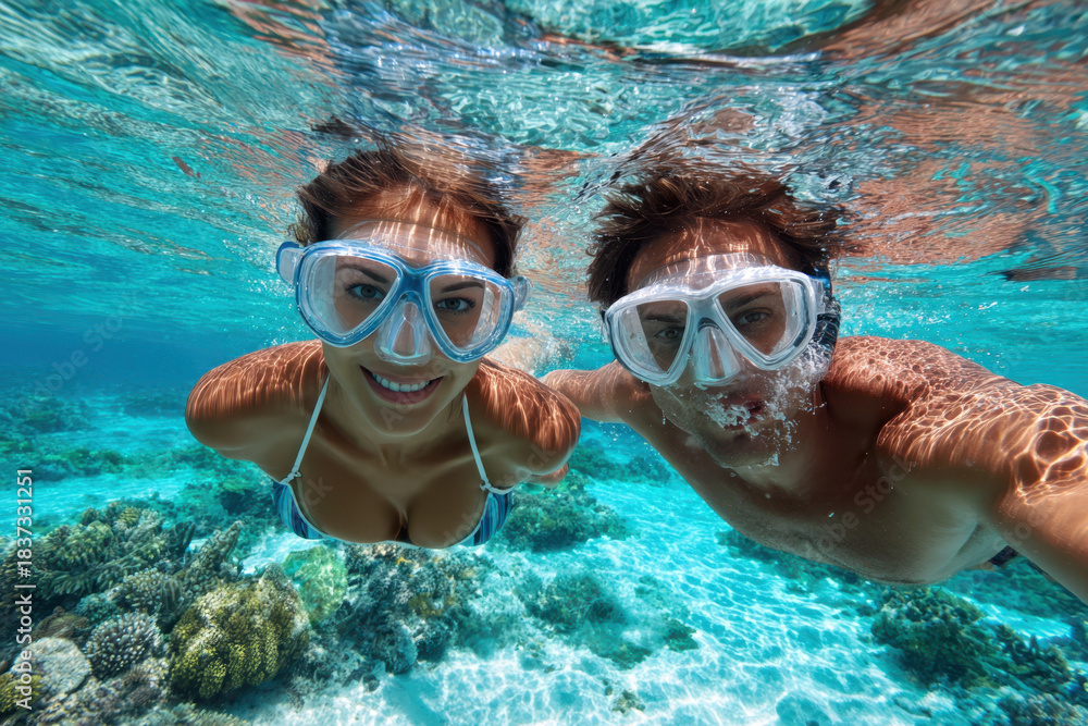 Naklejka premium Couple enjoys snorkeling together in clear turquoise waters off coral reef