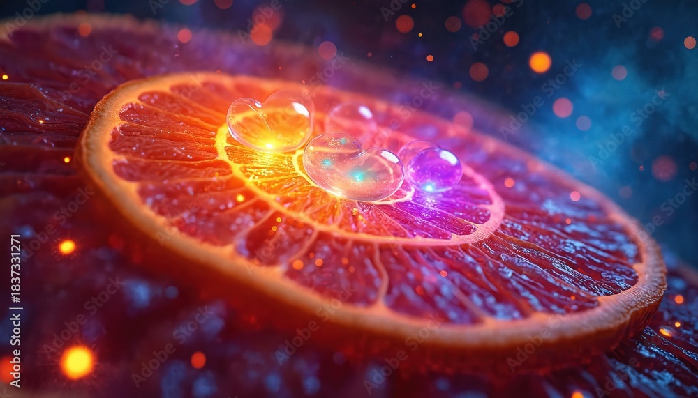 Naklejka premium Macro shot shows grapefruit slice with water droplets. Juice pulp texture is visible in orange light. Abstract fruit composition represents freshness with blue bokeh background.